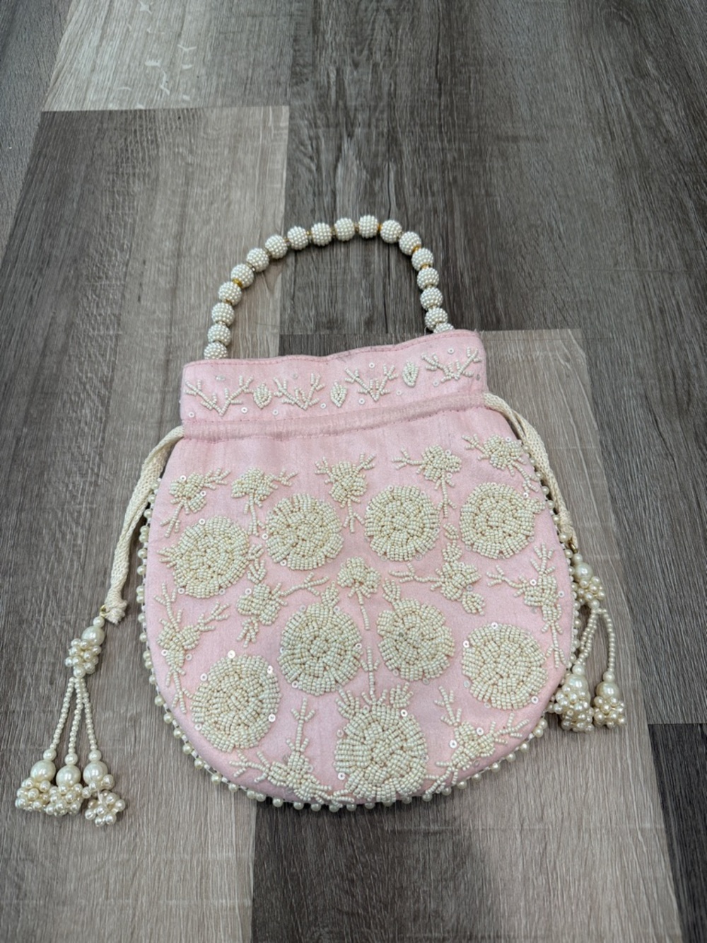 Handmade Beaded Pink Drawstring Evening Bag